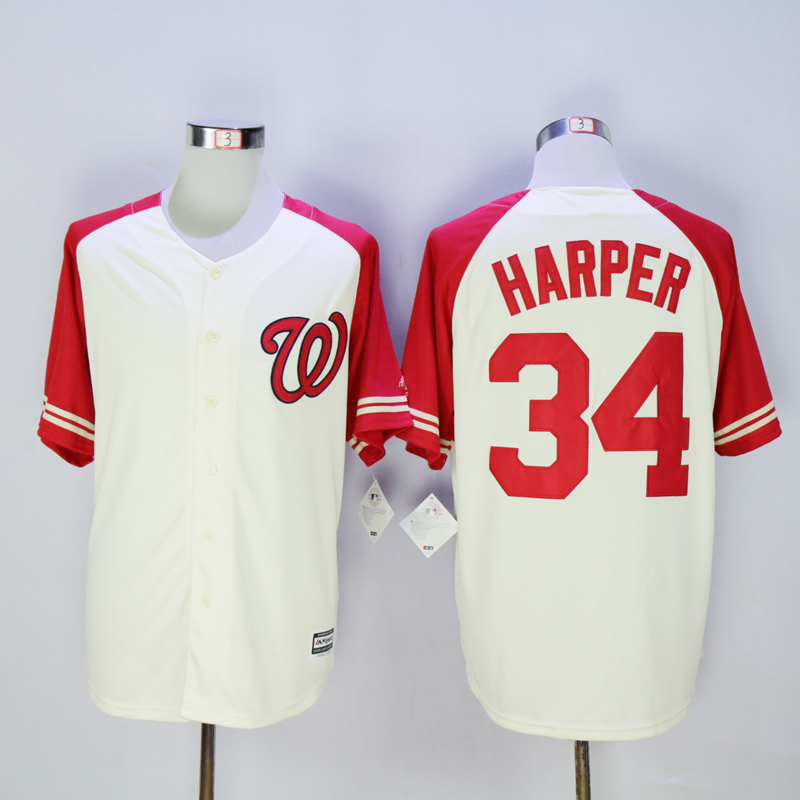 Men Washington Nationals #34 Harper Cream White MLB Jerseys